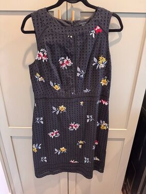 Ann Taylor Navy Eyelet Mini Dress with Multicolor Floral Embroidery
